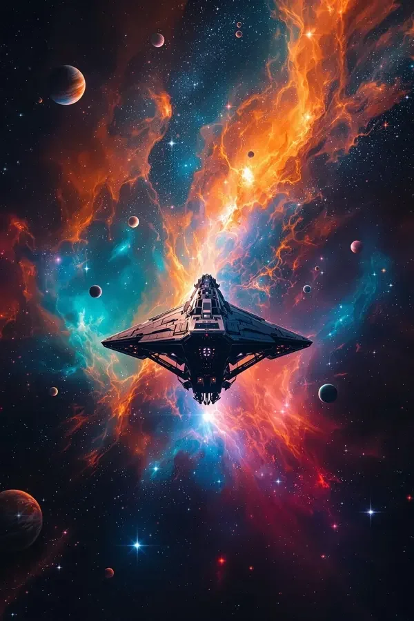 电影天堂光色观察图：飞行器插画周围有橙色与蓝青色交错的星云